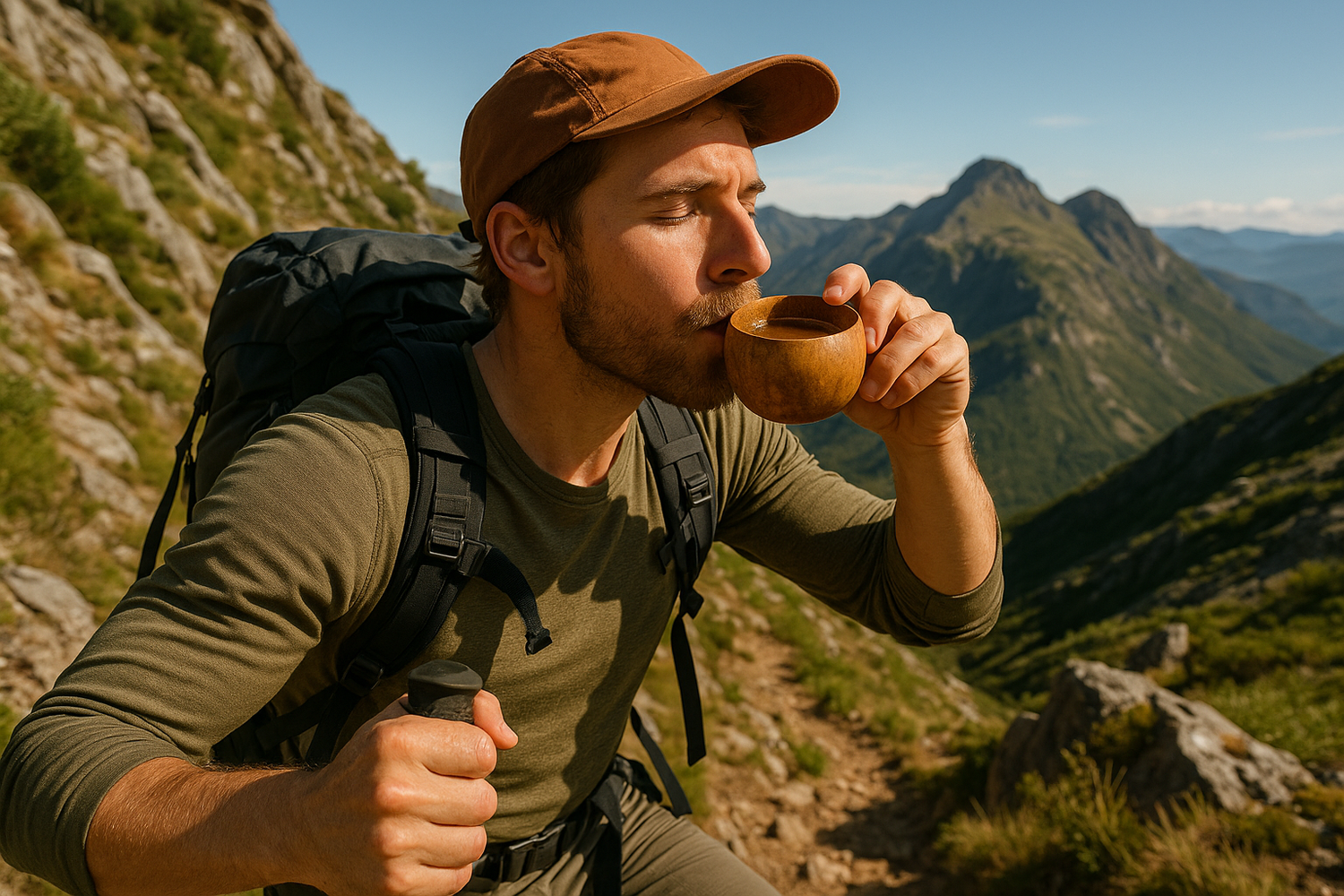 hiker going up a mountain drinking a natural drink made of panela